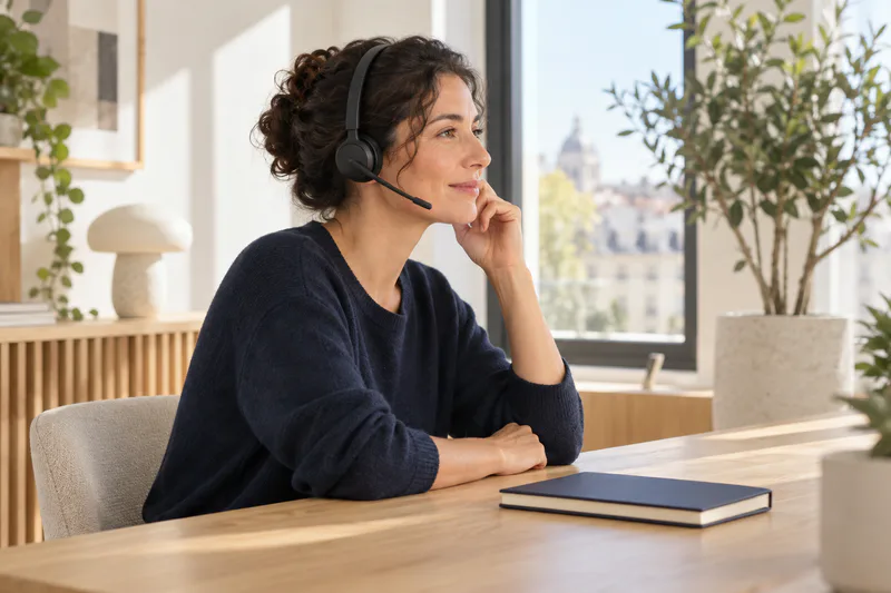 Une spécialiste de l’assistance écoute une demande dans un espace de travail lumineux.