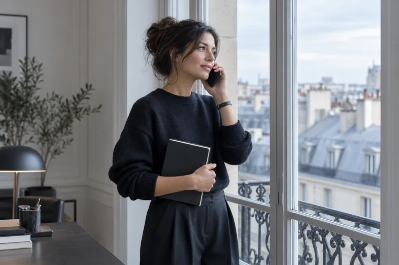 Une professionnelle échange par téléphone près d’une fenêtre dans un bureau calme.