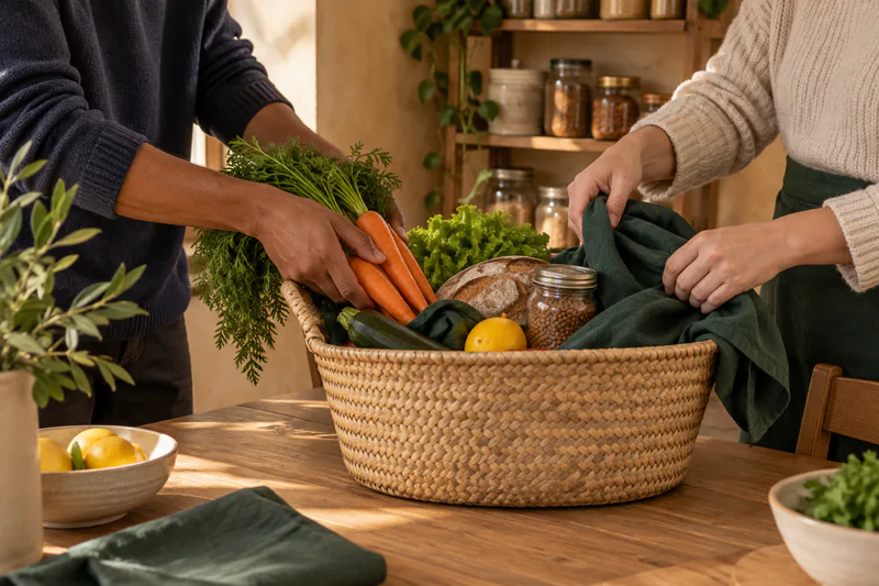 Mise en scène éditoriale de mains préparant un panier solidaire avec des produits du quotidien.