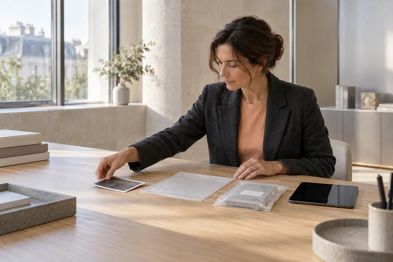 Une chargée d’évaluation organise des éléments de preuve visuels sur une grande table.